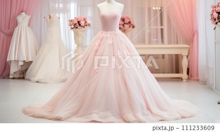 Wedding dress on a mannequin in the room. Generate AI 111233609