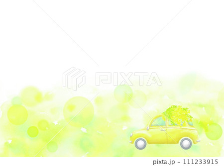 ミモザを運んでドライブする車の水彩フレーム。光あふれる春らしいイラスト。 111233915