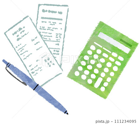 帳簿　家計簿をつける　計算機とレシートとペン　確定申告 111234095