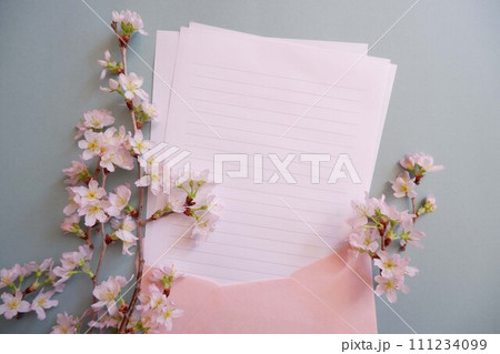 桜の花びらと手紙、春のお便り 111234099