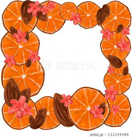 Square frame of orange fruits with almonds, almond flowers. Orange slices, blossoming almonds, hand drawn, botanical frame, citrus fruits 111234384