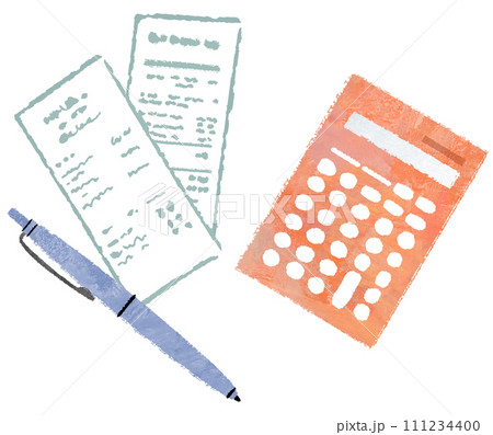 帳簿　家計簿をつける　計算機とレシートとペン　確定申告 111234400