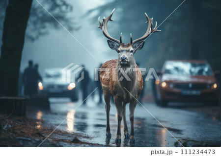 Deer crossing car road near forest 111234473