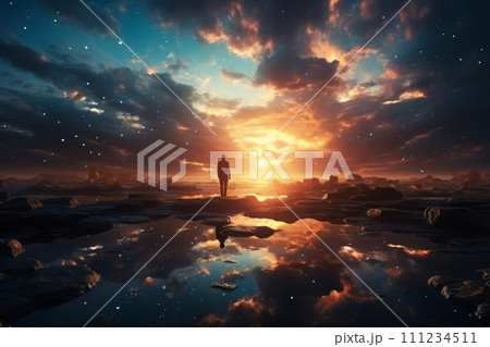 Lonely man standing in fantasy landscape with shining cloudy sky 111234511