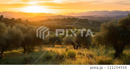 Golden sunset over olive trees in lush countryside. warm glow of natural beauty. peaceful landscape, perfect for backgrounds. artistic outdoor scenery. AI Golden sunset over olive trees in lush countryside. warm glow of natural beauty. peaceful landscape, perfect for backgrounds. artistic outdoor scenery. AI 111234558