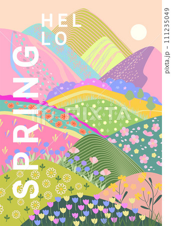 Hello spring, vertical banner, meadow with flowers 111235049