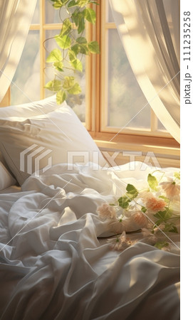 An empty crumpled morning bed with light-colored linens at home or in a hotel near the window, breakfast in bed, bright sunny morning 111235258