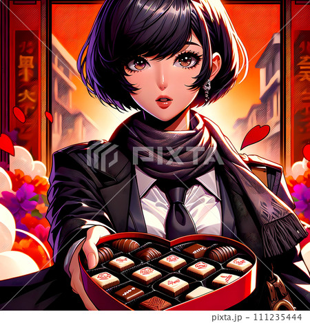 バレンタインデーにチョコを渡す女性 111235444