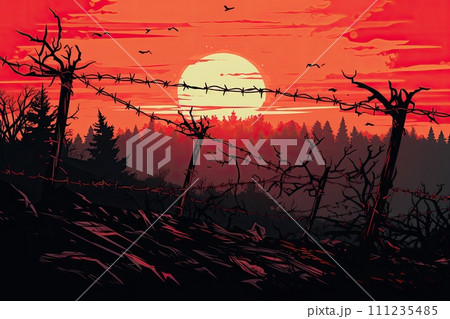 AI-generated content. barded wire fence on dramatic background illustration 111235485
