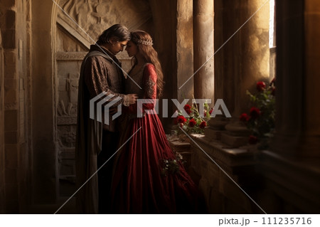 AI-generated content. Renaissance Couple in Romantic Castle Embrace 111235716