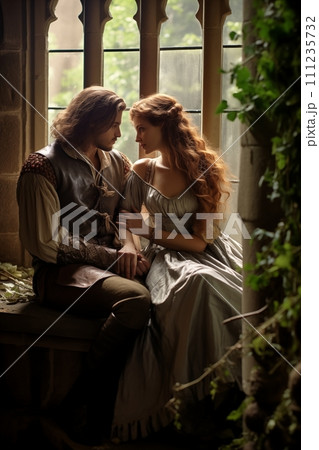 AI-generated content. Renaissance Couple in Romantic Castle Embrace 111235732