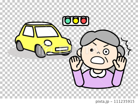 Simple character illustration: A senior who is surprised by a car Simple character illustration: A senior who is surprised by a car 111235915