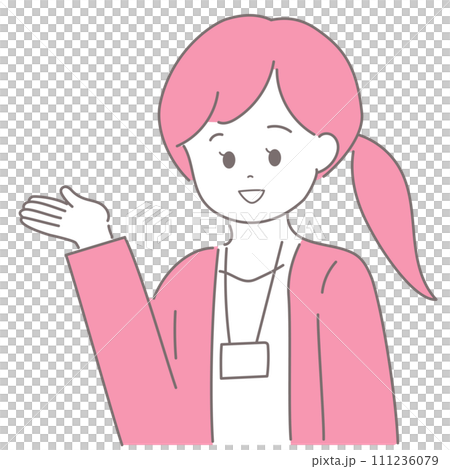 Illustration of a woman in a jacket giving guidance with her palms facing upwards 111236079