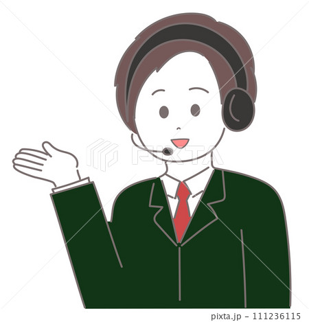 インカムをつけたスーツの男性が手のひらを上に向けているイラスト 111236115