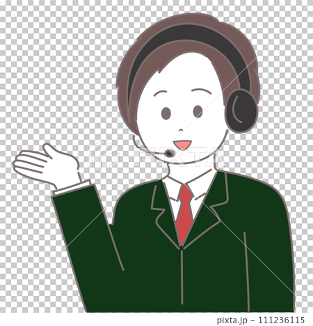 インカムをつけたスーツの男性が手のひらを上に向けているイラスト 111236115