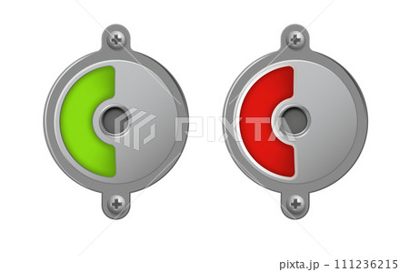 Toilet or restroom locks green and red round metal isolated on white. Occupied and Free. Regular public restroom door mechanism indicating. Vector Toilet or restroom locks green and red round metal isolated on white. Occupied and Free. Regular public restroom door mechanism indicating. Vector 111236215