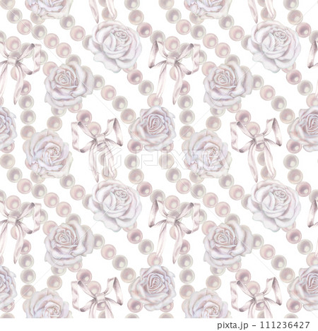 Watercolor seamless patterns with white roses, green leaves in a pastel palette in vintage style for wedding, birthday, Valentine's Day, Women's Day, Mother's Day, template, scrapbooking, wallpapers 111236427