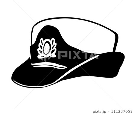 Black and white illustration of a female headdress. Women's naval cap. An element of a female marine uniform. 111237055
