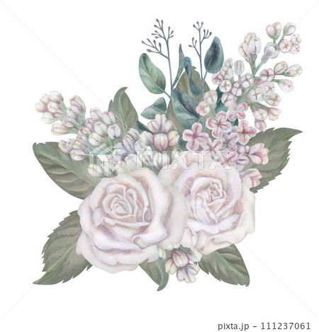 Watercolor bouquets of white roses, green leaves, lilac, eucalyptus in pastel palette in vintage style for wedding, Women's Day, Valentine's Day for template, clipart, wallpaper, scrapbooking, bouquet Watercolor bouquets of white roses, green leaves, lilac, eucalyptus in pastel palette in vintage style for wedding, Women's Day, Valentine's Day for template, clipart, wallpaper, scrapbooking, bouquet 111237061