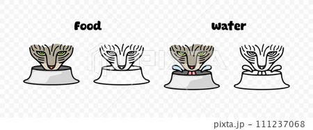 Cat eats food and drinks water from bowl, graphic design. Animal and pet, meals, feed, veterinary and pet shop, vector design and illustration 111237068