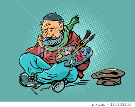 The development of artificial intelligence. Unemployment among artists. An elderly man is sitting outside with tassels and a hat. 111238110