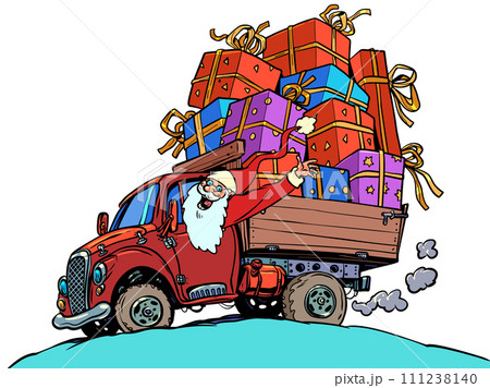 Worldwide gift delivery from best service. The atmosphere of December and the upcoming holidays. Santa Claus is driving his car with gifts and waving. 111238140