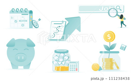 Variety elements and collection of tax payment, schedule plan, strategy management, financial, saving money, growth investment and job search. Flat vector design illustration. 111238438