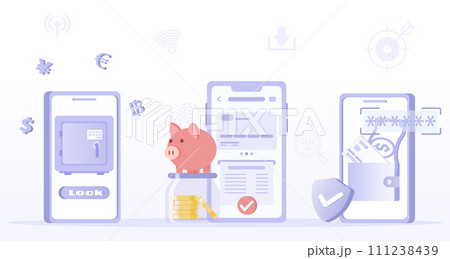 Financial technology concept. Collection of mobile application, internet banking, online payment, digital wallet, secure transaction, money transfer. Flat vector design illustration. Financial technology concept. Collection of mobile application, internet banking, online payment, digital wallet, secure transaction, money transfer. Flat vector design illustration. 111238439