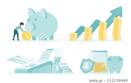 Financial set collection concept. Saving money, growth investment, easy payment, money transfer, financial management, secure storage. Flat vector design illustration. Financial set collection concept. Saving money, growth investment, easy payment, money transfer, financial management, secure storage. Flat vector design illustration. 111238440