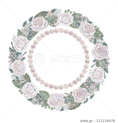 Watercolor wreath of white roses, green leaves, lilac, eucalyptus in pastel palette in vintage style for wedding, Women's Day, Valentine's Day for template, clipart, wallpaper, scrapbooking, bouquet 111238476