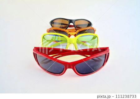 Set of various glasses. Stylish sunglasses for women and children. Eye glasses collection on white background Set of various glasses. Stylish sunglasses for women and children. Eye glasses collection on white background 111238733