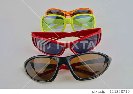 Set of various glasses. Stylish sunglasses for women and children. Eye glasses collection. On white background Set of various glasses. Stylish sunglasses for women and children. Eye glasses collection. On white background 111238739