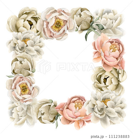 Square frame of white beige peach fuzz peony flowers. Floral watercolor illustration hand painted isolated on white background. Perfect for wedding invitations, greeting cards, wallpapers, wrappers, f Square frame of white beige peach fuzz peony flowers. Floral watercolor illustration hand painted isolated on white background. Perfect for wedding invitations, greeting cards, wallpapers, wrappers, f 111238883