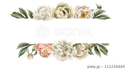 Horizontal frame of white beige peach fuzz peony flowers, buds and green leaves. Floral watercolor illustration hand painted isolated on white background. Perfect for wedding invitations, greeting car 111238884