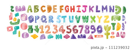 Doodle children font, cartoon funny alphabet, vector hand drawn scribble kid numbers, blobs.  111239032