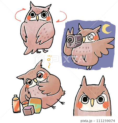 カメラを持つ首を回す可愛いフクロウイラスト カメラを持つ首を回す可愛いフクロウイラスト 111239074