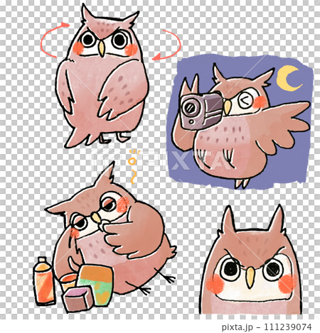 可愛的貓頭鷹插圖拿著相機並轉過頭 111239074
