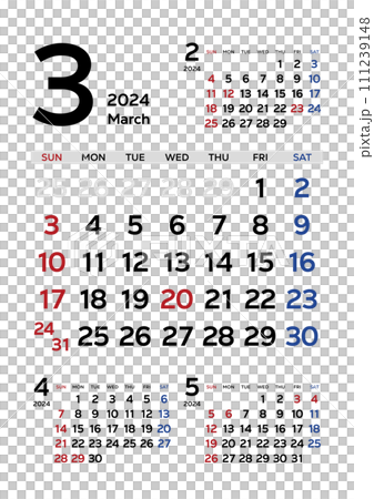 カレンダー 2024 令和6年 シンプル 先月来月再来月付き 3月 111239148