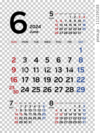 カレンダー 2024 令和6年 シンプル 先月来月再来月付き 6月 111239188