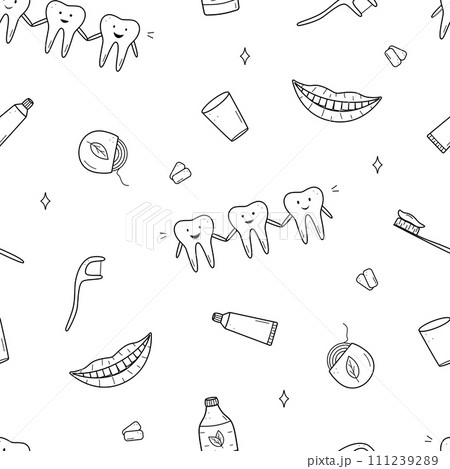 Seamless Pattern Dentistry set icons. Vector illustration of elements for the treatment and care of teeth. Background wallpaper. Seamless Pattern Dentistry set icons. Vector illustration of elements for the treatment and care of teeth. Background wallpaper. 111239289