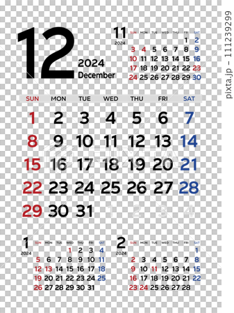 カレンダー 2024 令和6年 シンプル 先月来月再来月付き 12月 カレンダー 2024 令和6年 シンプル 先月来月再来月付き 12月 111239299