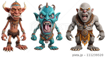 Three devilish creatures with open mouths 111239320