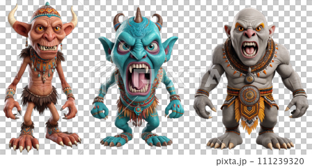 Three devilish creatures with open mouths 111239320