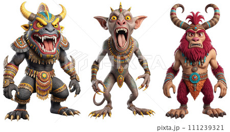 Angry monster with horns and claws 111239321