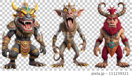 Angry monster with horns and claws 111239321