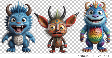 Three fluffy monsters with big smiles and horns 111239323