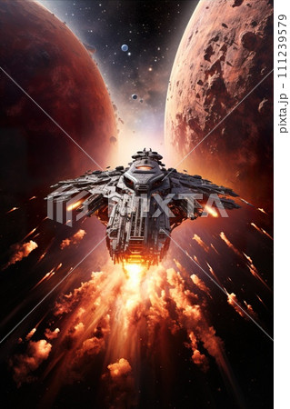 AI-generated content. star fighters battle at open space, spacecraft combat at cosmos, futuristic science fiction 111239579