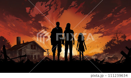 AI-generated content. family looking at mushroom of bomb explosion, atomic war and apocalypse concept, world in flame 111239634