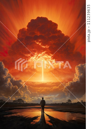 AI-generated content. people looking at mushroom of nuclear explosion, atomic war and apocalypse concept, world in flame 111239635