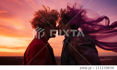 AI-generated content. young gay couple kissing at pink sunset, romantic lgbt love and romance 111239636